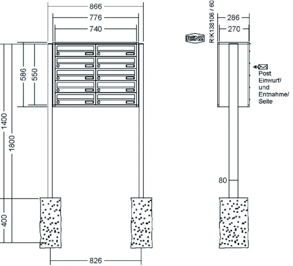 RENZ Briefkastenanlage freistehend, Quadra, Kastenformat 370x110x270mm, 10-teilig, zum Einbetonieren